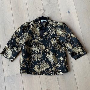 Black & Gold Floral Jacquard V-Neck Blouse - Women